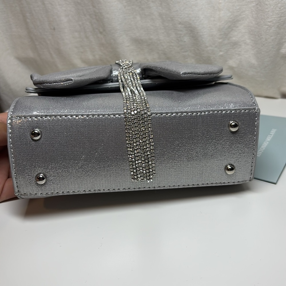 Antonio Melani Metallic Bow Top Handle Satchel Bag In Silver | NWT - Picture 5 of 13